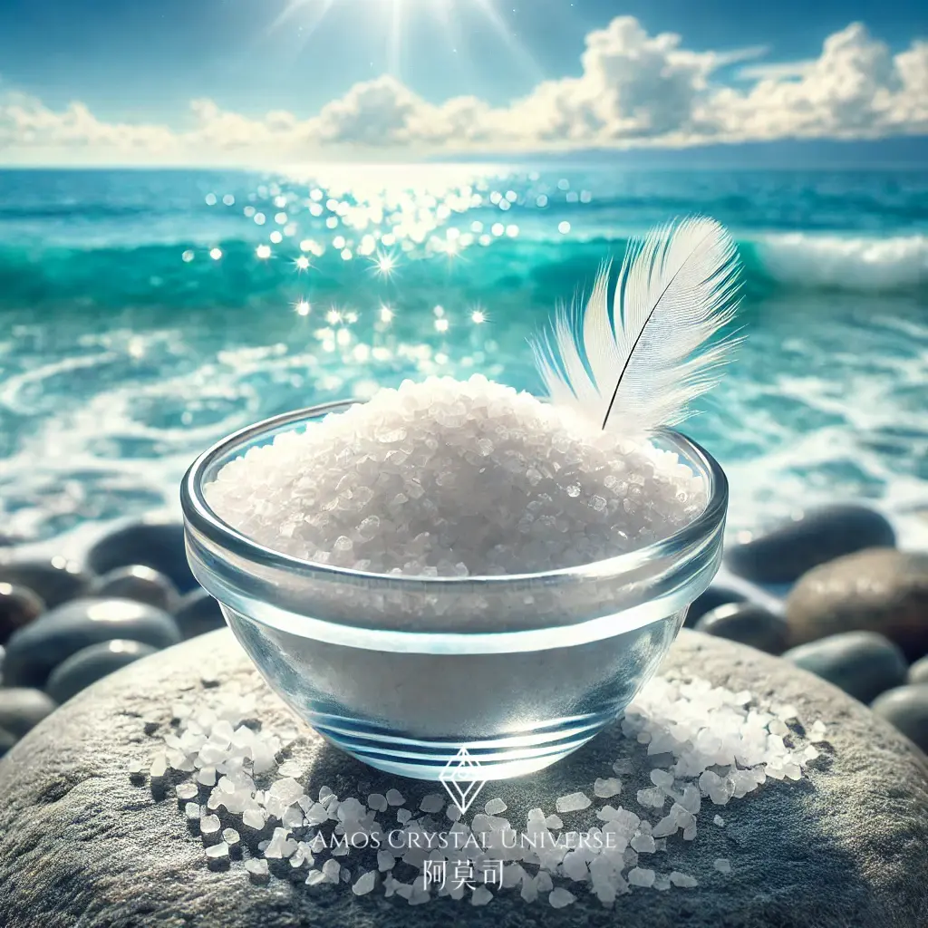海鹽淨化意象插畫｜碗中海鹽與大海藍天陽光背景，象徵純淨能量與自然洗滌