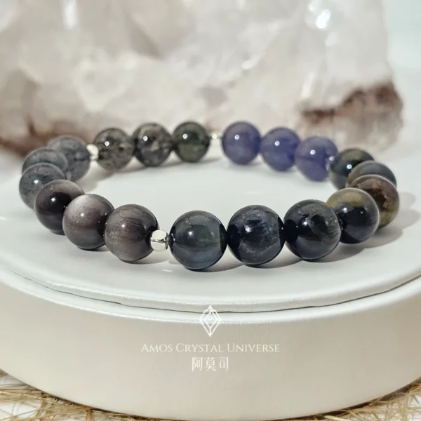 蒼羽水晶手鍊｜10mm天然晶石設計｜彼得石、堇青石、綠雲母超、銀曜石、黑草莓晶組合